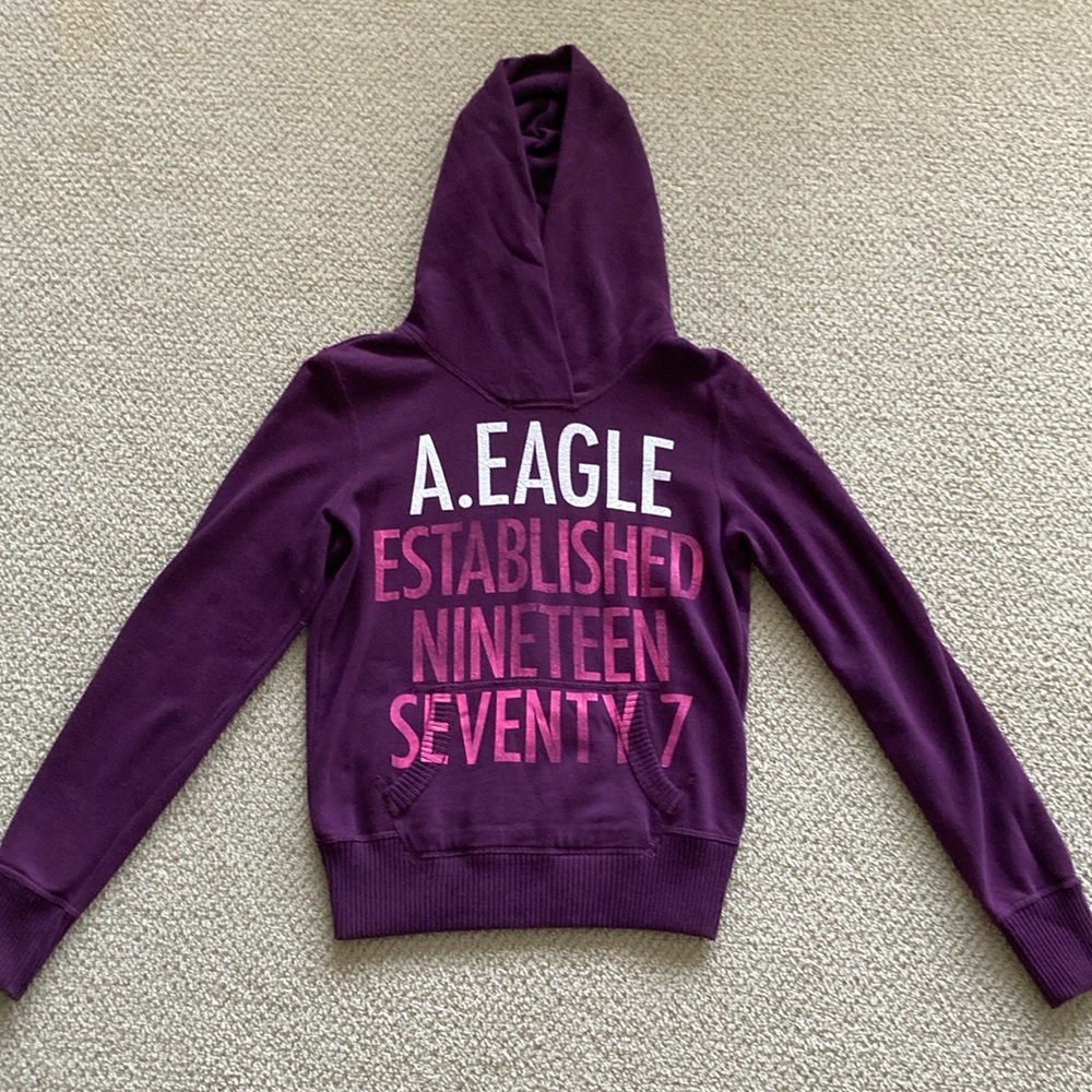 American Eagle Vintage Soft Graphic Purple Hoodie Pullover Y2K Sweater Small EUC